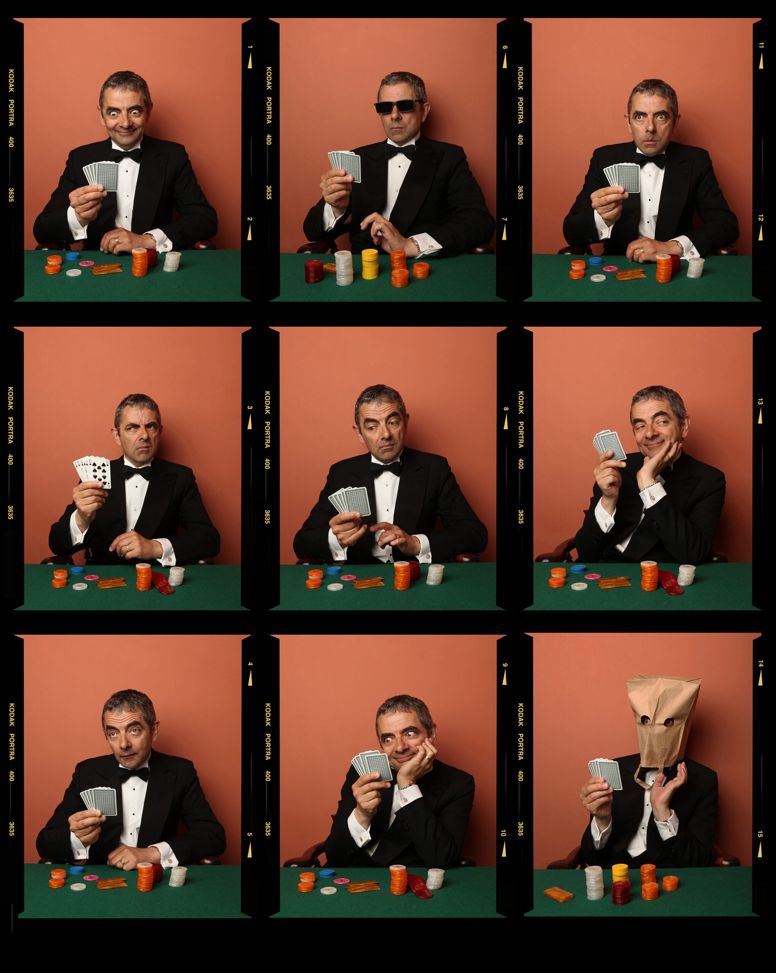 Comedian, Rowan Atkinson, appears 9 times in this image, making funny faces and holding playing cards.