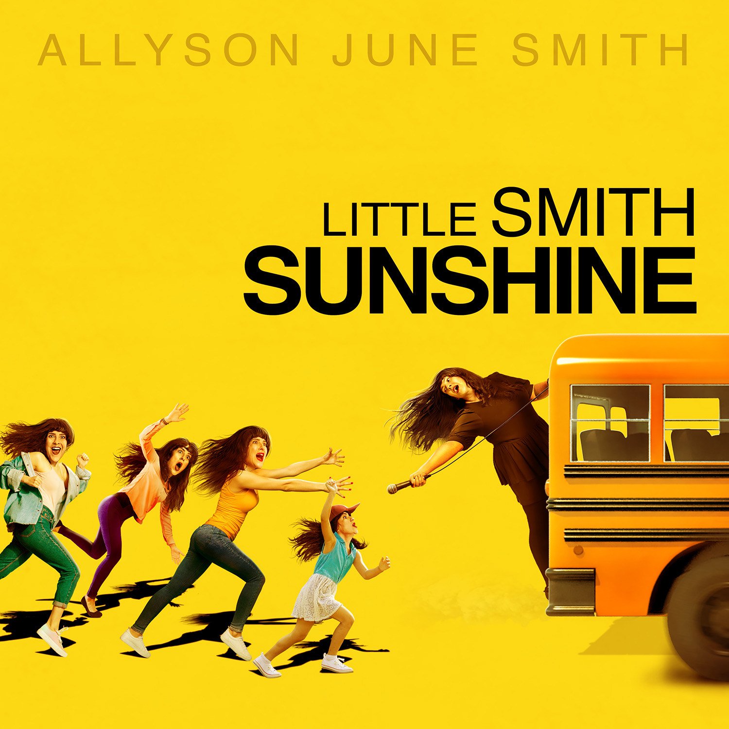 A bus is leaving the image with a lady hanging off the back. A group of girls run after it. All the faces are of Allyson June Smith.